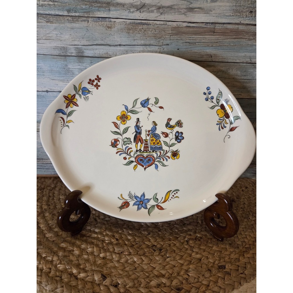 Vintage Folk Art Ceramic Oval Platter Pennsylvania Dutch Style Serving Tray‎
